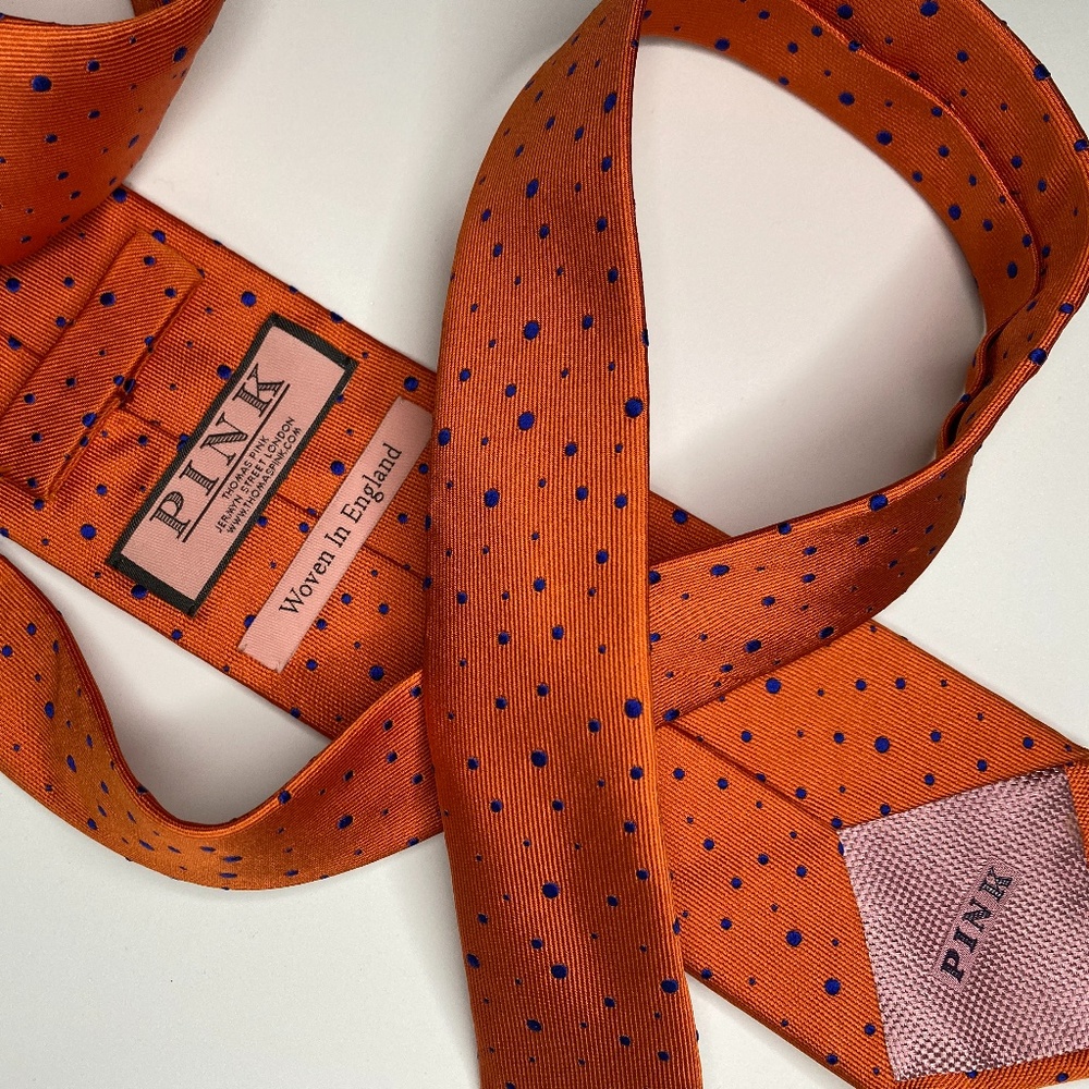 THOMAS PINK NECKTIE Orange & blue dots 100% silk